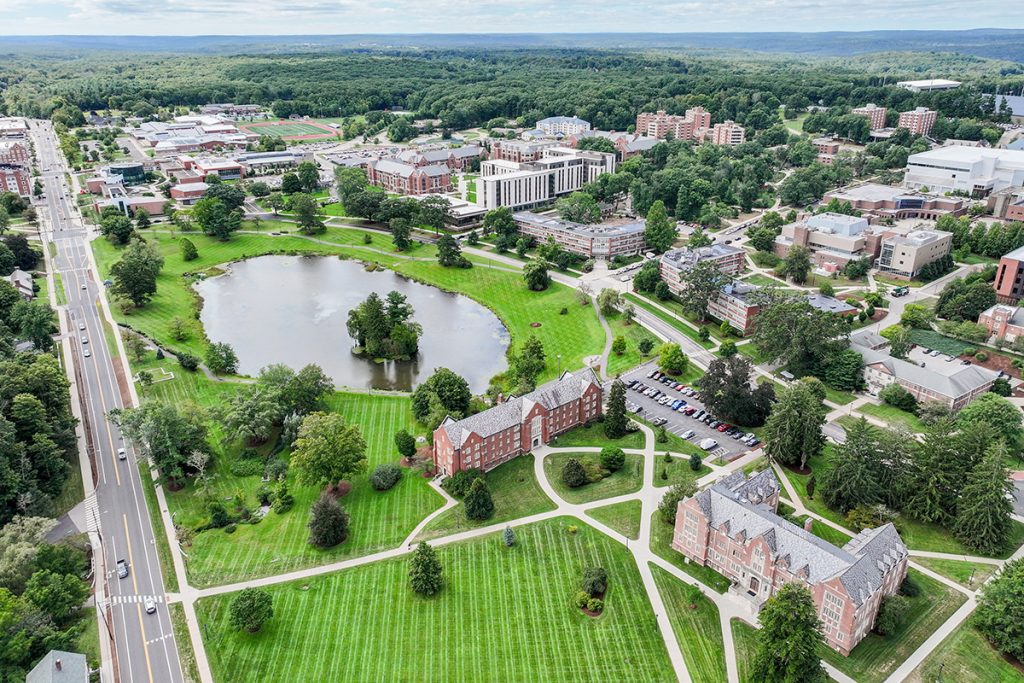 An aerial view of Mirror Lake and south campus.