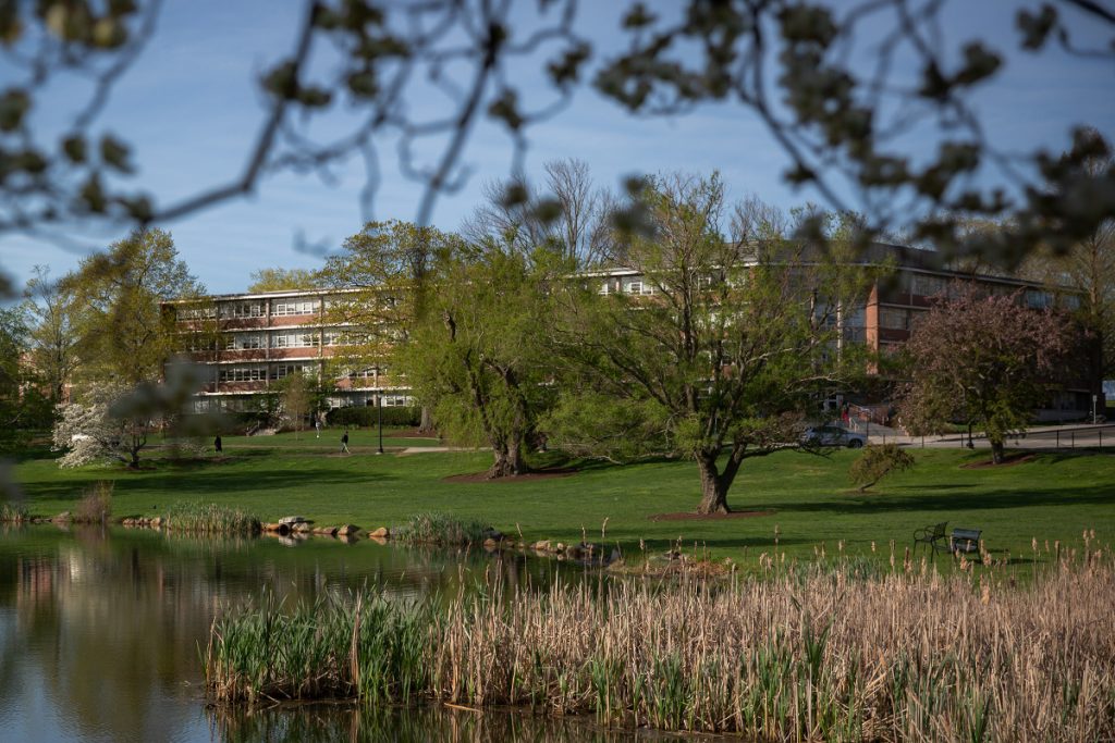 The Arjona Building and Mirror Lake on a clear spring morning. 